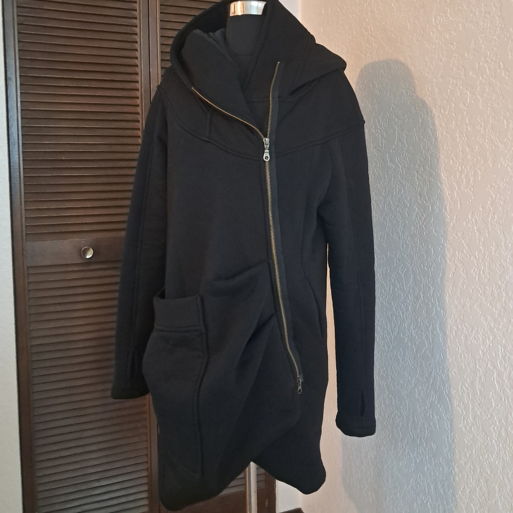 Asymmetric Zip Black Hooded Coat